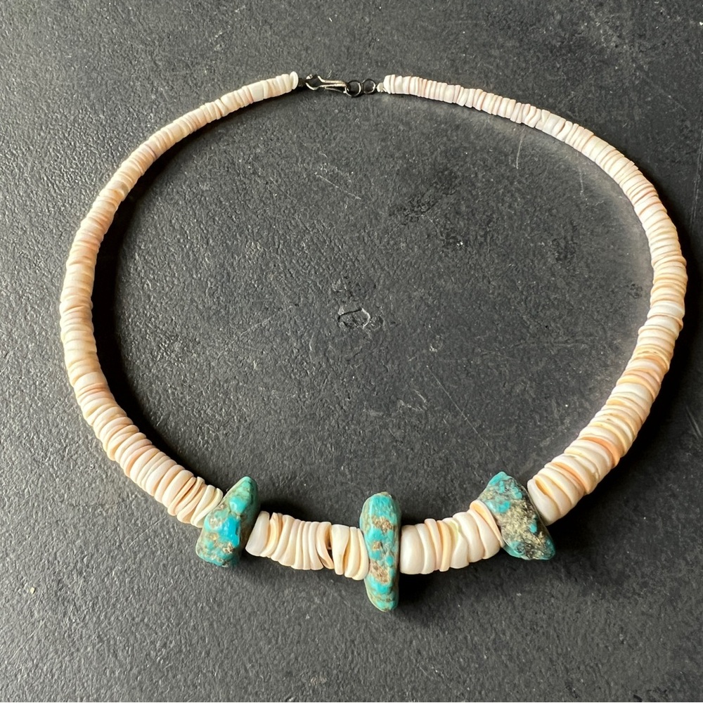 Vintage Native American Heishe Necklace 3 Large Turquoise Chunk Unisex Natural